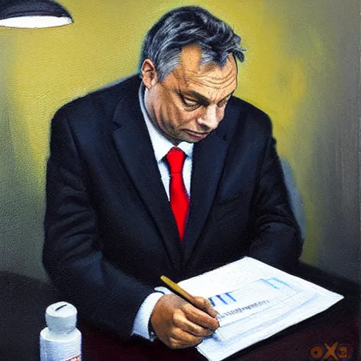 Prompt: viktor orban doing his taxes in a cubicle, oil painting