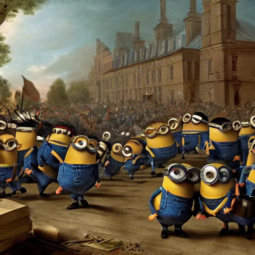 Prompt: 1 7 0 0 s photo of minions rioting during french revolution, 4 k, hd, vivid colorized, rgb, highly detailed