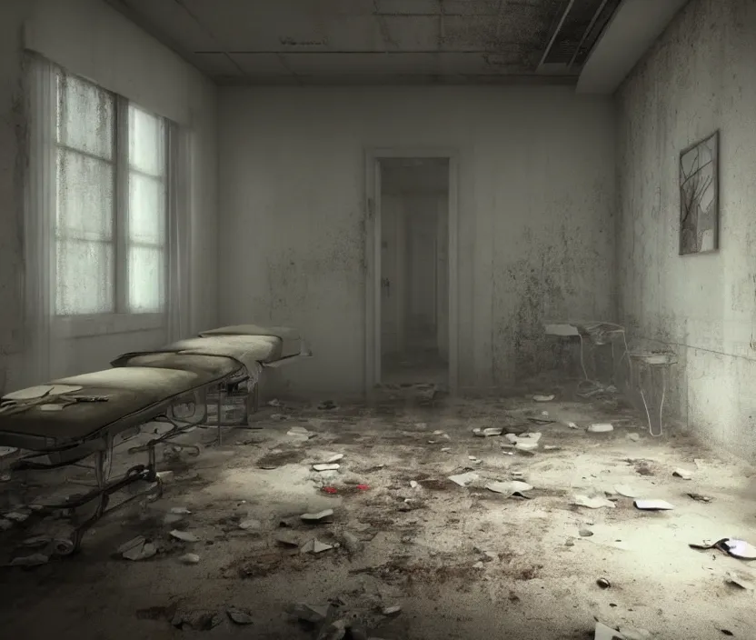 Image similar to Abandoned hospital room, gloomy and foggy atmosphere, octane render, artstation trending, horror scene, highly detailded
