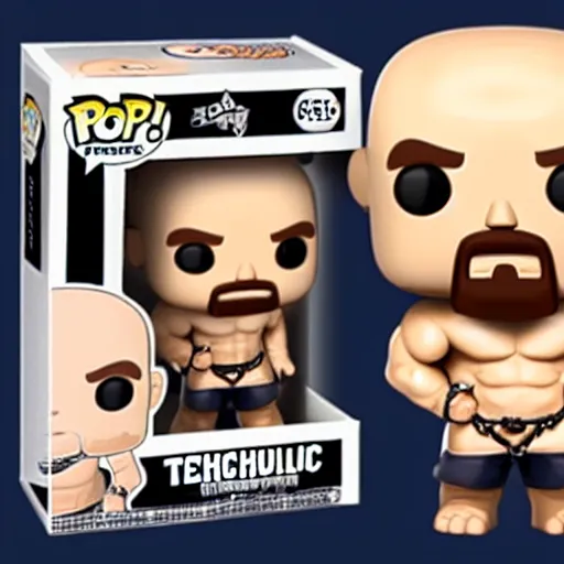 Prompt: TechnoViking male with no shirt, large muscles, bald head, dirty-blonde extended goatee, necklace chibi as a Funko Pop