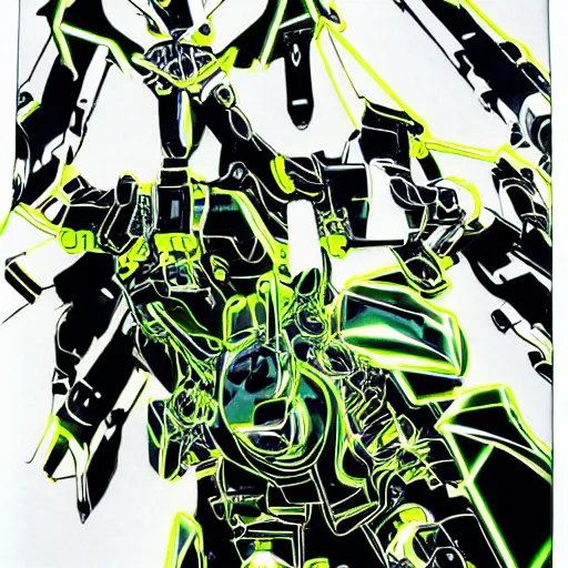 Image similar to the headless fullmetal kerberos robot sirius in electrical wired neon yellow noir outfit, with eyelike neon lights in its torso, colored manga illustration by yoji shinkawa and james jean