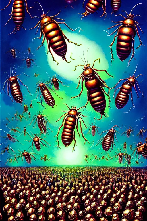 Image similar to a hyperrealistic painting of an epic boss fight against a swarm of alien hornets on a sunny day at the park, cinematic horror by chris cunningham, lisa frank, richard corben, highly detailed, vivid color,