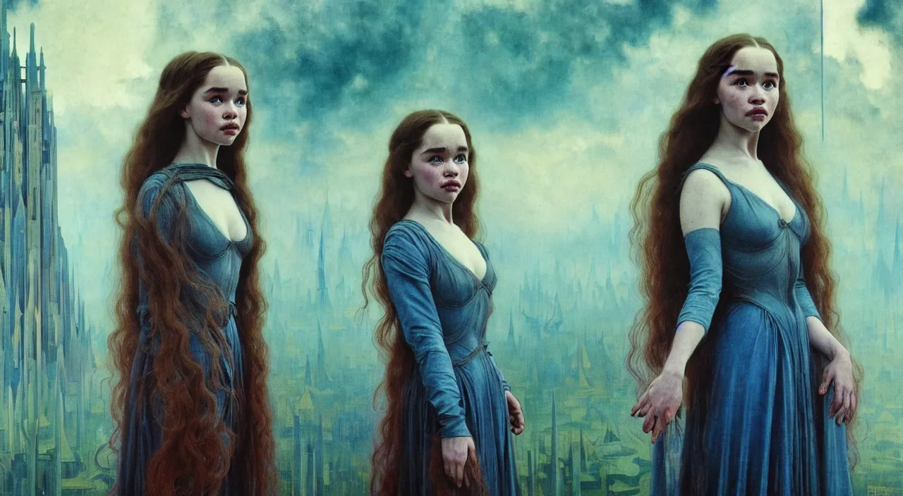 Prompt: realistic detailed portrait movie shot of a young woman who is a mix of emilia clarke and dove cameron wearing dark robes, sci fi city landscape background by denis villeneuve, amano, yves tanguy, alphonse mucha, ernst haeckel, max ernst, roger dean, masterpiece, rich moody colours, blue eyes, occult