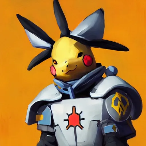 Image similar to greg manchess portrait painting of armored pikachu as overwatch character, medium shot, asymmetrical, profile picture, organic painting, sunny day, matte painting, bold shapes, hard edges, street art, trending on artstation, by huang guangjian and gil elvgren and sachin teng