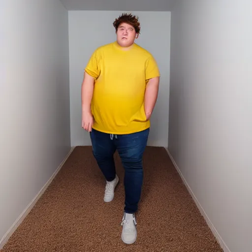 Prompt: white fat teenage boy wearing a white tank top, walking in a room with yellow walls and brown carpet