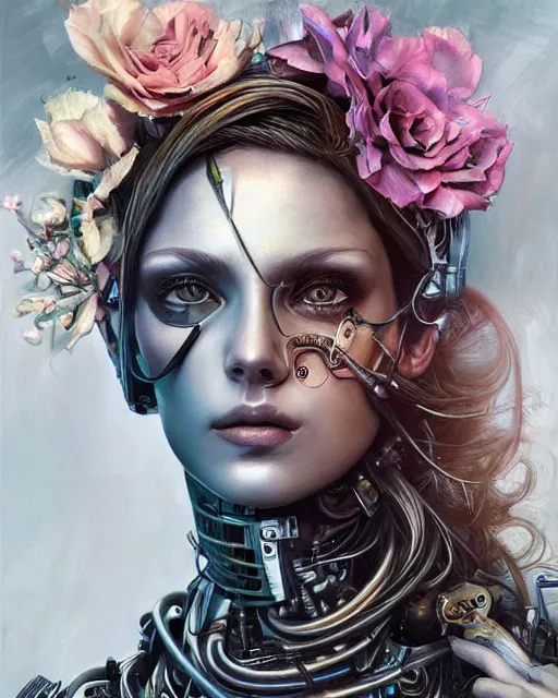 Prompt: photo realism portrait of beautiful cyborg woman in cyborg clothes detailed metal, romantisism, outrun, pastel flowers, painting, dramatic, detailed, by android jones