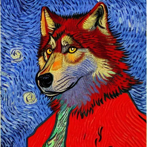 Prompt: A wolf, van gogh style, 8k, high quality, red blue color