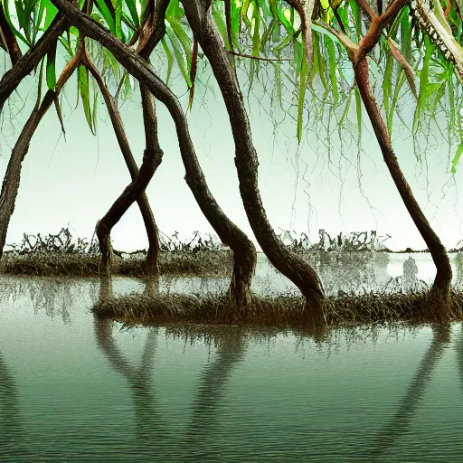 Image similar to Mangrove swamp tangled mangrove roots on a muddy shore, ground texture. Matte painting, simple cartoon style