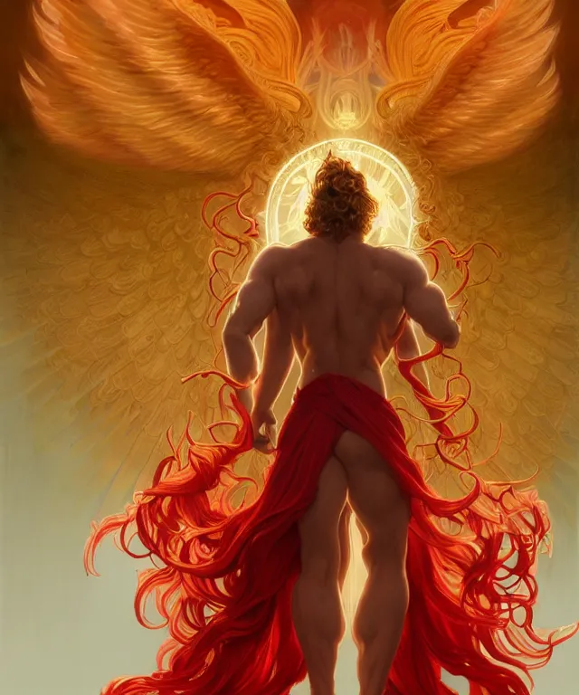 Image similar to symmetrical fullbody portrait of a beautiful young fit male angel with curly blond hairs, full dressed in long fluent red clothes, majestic big demon wings, luminous fire halo, by greg rutkowski and alphonse mucha, gradient white to gold, in front of an hellish background, highly detailed portrait, digital painting, artstation, concept art, smooth, sharp focus illustration