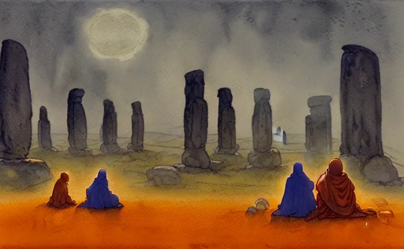 Image similar to a hyperrealist watercolour character concept art portrait of a small grey medieval monk and a giant orange medieval monk kneeling down in prayer in front of a futuristic stonehenge on a misty night. a ufo is in the sky. by rebecca guay, michael kaluta, charles vess and jean moebius giraud