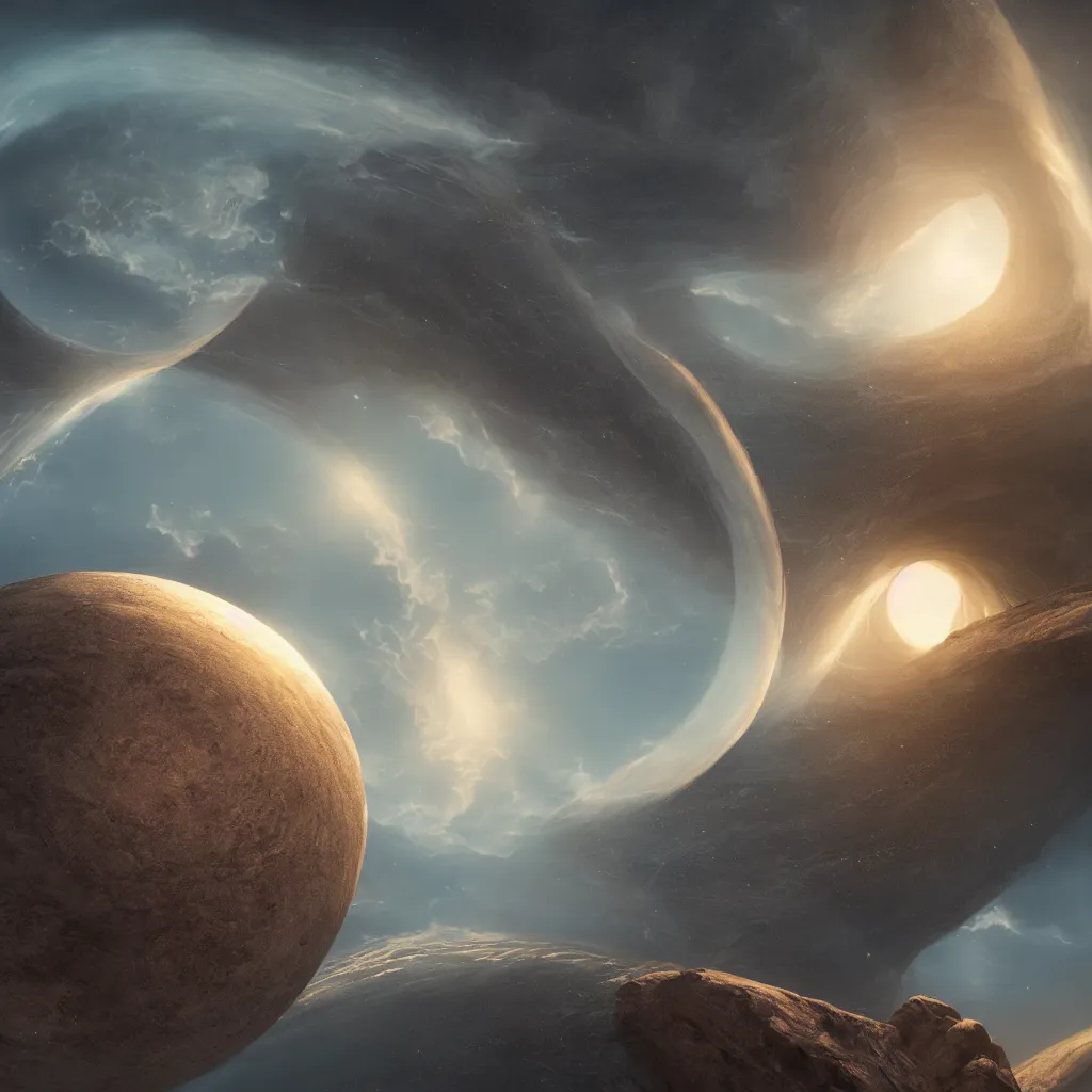 Image similar to An incredibly beautiful but ominous matte painting depicting a torus shaped planet, nvidia, vray, evening, epic scale, octanerender