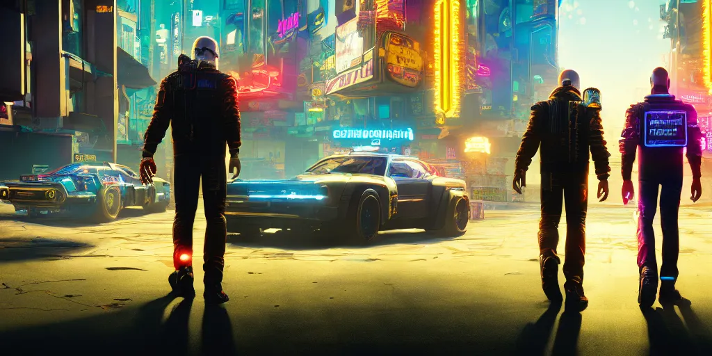 Image similar to ernie and bert in cyberpunk 2 0 7 7 night city wallpaper rendering, digital art