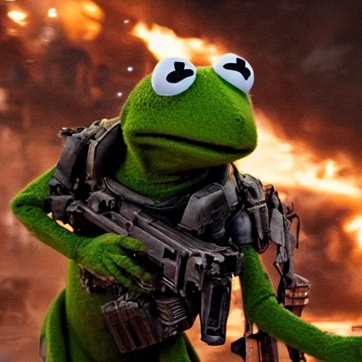 Image similar to action scene of kermit the frog in the movie Edge of Tomorrow (2014), highly detailed, highly textured, atmospheric, night, explosions futuristic