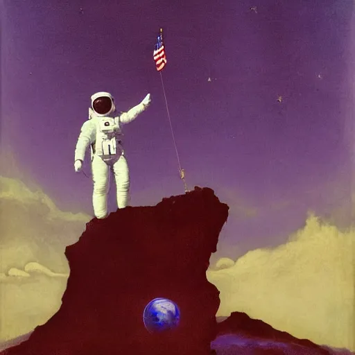 Prompt: A beautiful experimental art of a astronaut standing on a planet with a flag in the background. electric purple, crazing by Sabbas Apterus, by Eadweard Muybridge stormy