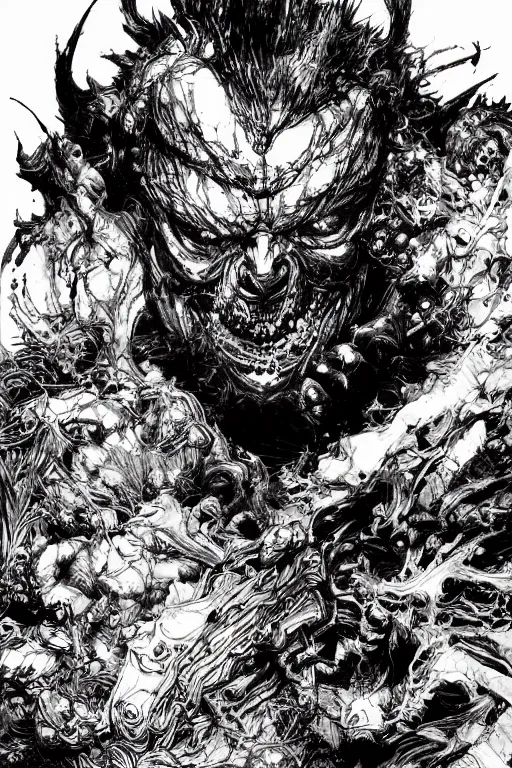 Image similar to portrait of chainsaw devil from chainsawman, pen and ink, intricate line drawings, by craig mullins, ruan jia, kentaro miura, greg rutkowski