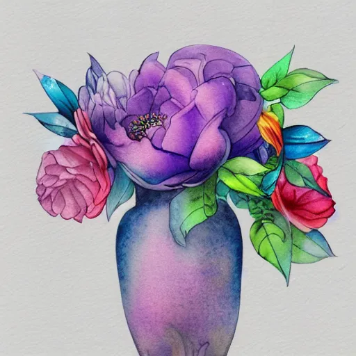 Image similar to a porcelain vase with a colorful and beautiful flower arrangement. very stylize and delicate watercolor and pencil draw + 7 xing. beautiful lighting, 4 k post - processing, trending in art station, cg society, highly detailed, 5 k extremely detailed