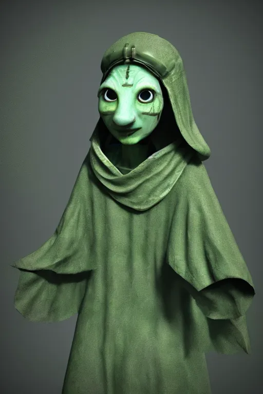 Image similar to A cute shaman with no nose, glowing eyes and a very long hooded dark green cloak of leaves by Vivien Lulkowski and Julien Kaspar, 3D render, stylized, Cycles Render