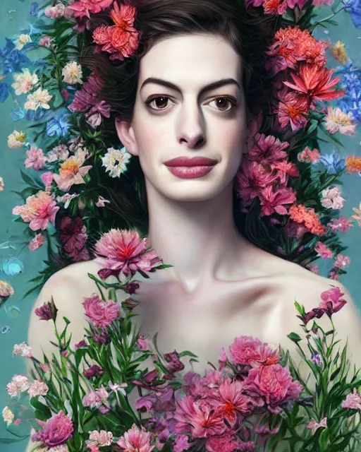 Prompt: portrait of anne hathaway, surrounded by flowers by karol bak, james jean, tom bagshaw, rococo, sharp focus, trending on artstation, cinematic lighting, hyper realism, octane render, 8 k, hyper detailed.