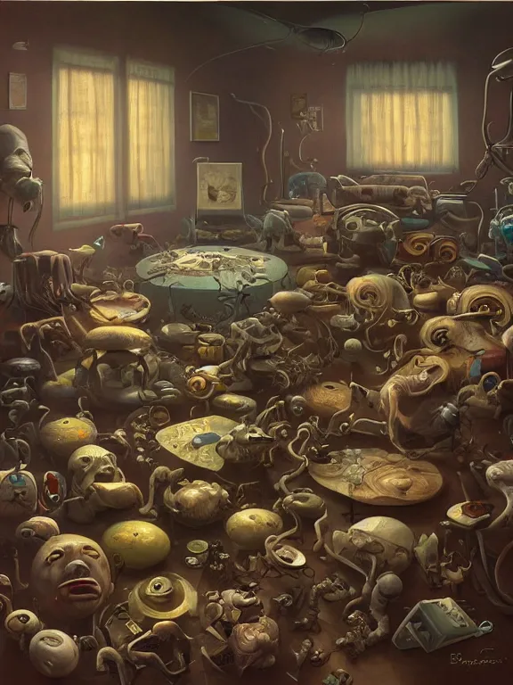 Prompt: a bunch of strange looking objects in the middle of a room, a surrealist painting by brian despain and pascal blanche, cgsociety, pop surrealism, dystopian art, surrealist, fractalism