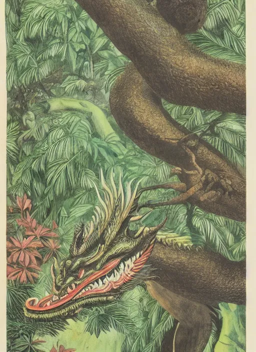 Image similar to vintage chinese dragon in a tropical forest, john james audubon, intaglio, sharp focus