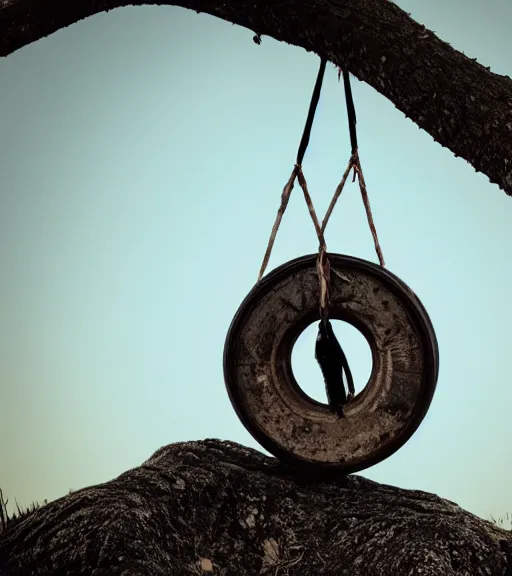 Image similar to sad tire hanging from a tree