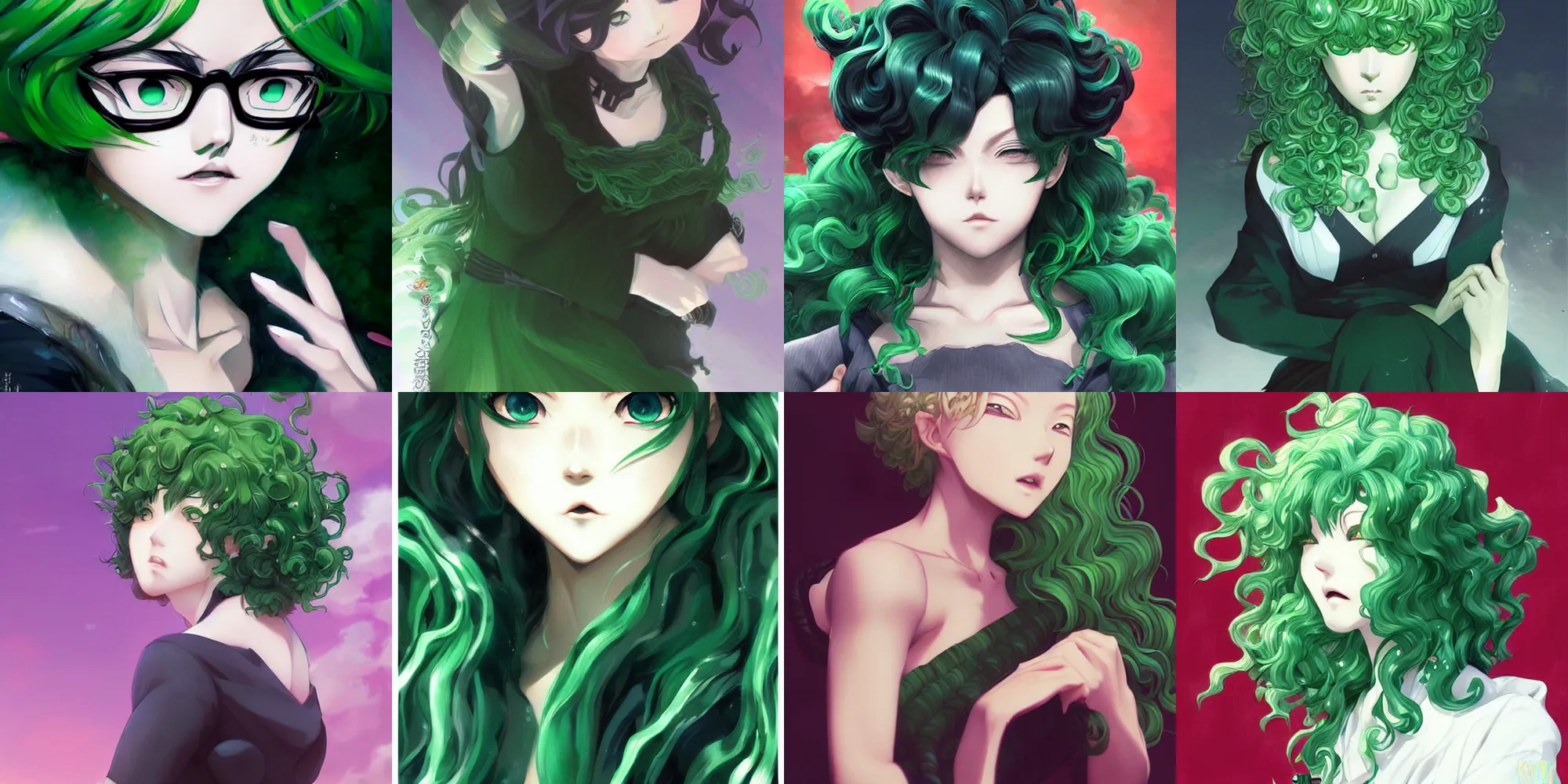 Image similar to detailed portrait art of tatsumaki with green curly hair, art by ross tran ilya kuvshinov krenz cushart, very detailed, intricate, digital anime art, sharp focus