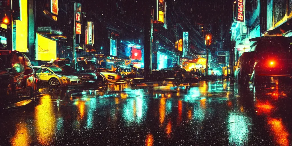 Prompt: a city street at night, raining, photograph, cars on the road, cyberpunk,