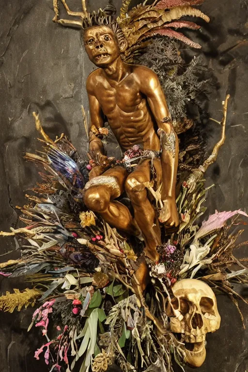 Prompt: Jean-Michel Basquiat as a bronze full-body statue of Icarus spreading his arms for flight, glowing quartz crystal skull, wreath of ferns, flowing sakura-colored silk, fabric, flowers. baroque elements, human skull. full-length view. baroque element. intricate artwork by caravaggio. many many birds birds on background. Trending on artstation. halo. octane render, cinematic, hyper realism, octane render, 8k, depth of field, 3D