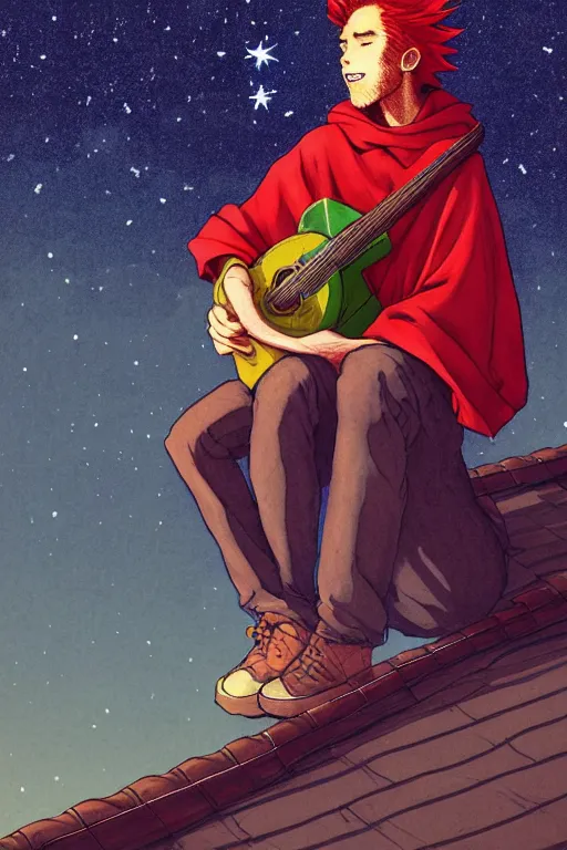 Image similar to red haired man character with a guitar in his hand, sitting on a roof top at night with many stars, wearing a nice green cloak, very artistic pose, background in blurred, perfect lighting. professional design. great composition, illustration, highly detailed, digital painting, concept art, trending on artstation, by katsuya terada