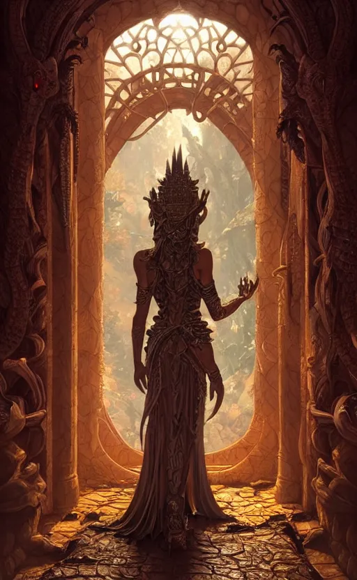 Prompt: crocodile godess in temple entrance, reptilian skin, d & d, fantasy, intricate, elegant, highly detailed, digital painting, artstation, concept art, matte, sharp focus, illustration, art by artgerm and greg rutkowski and alphonse mucha