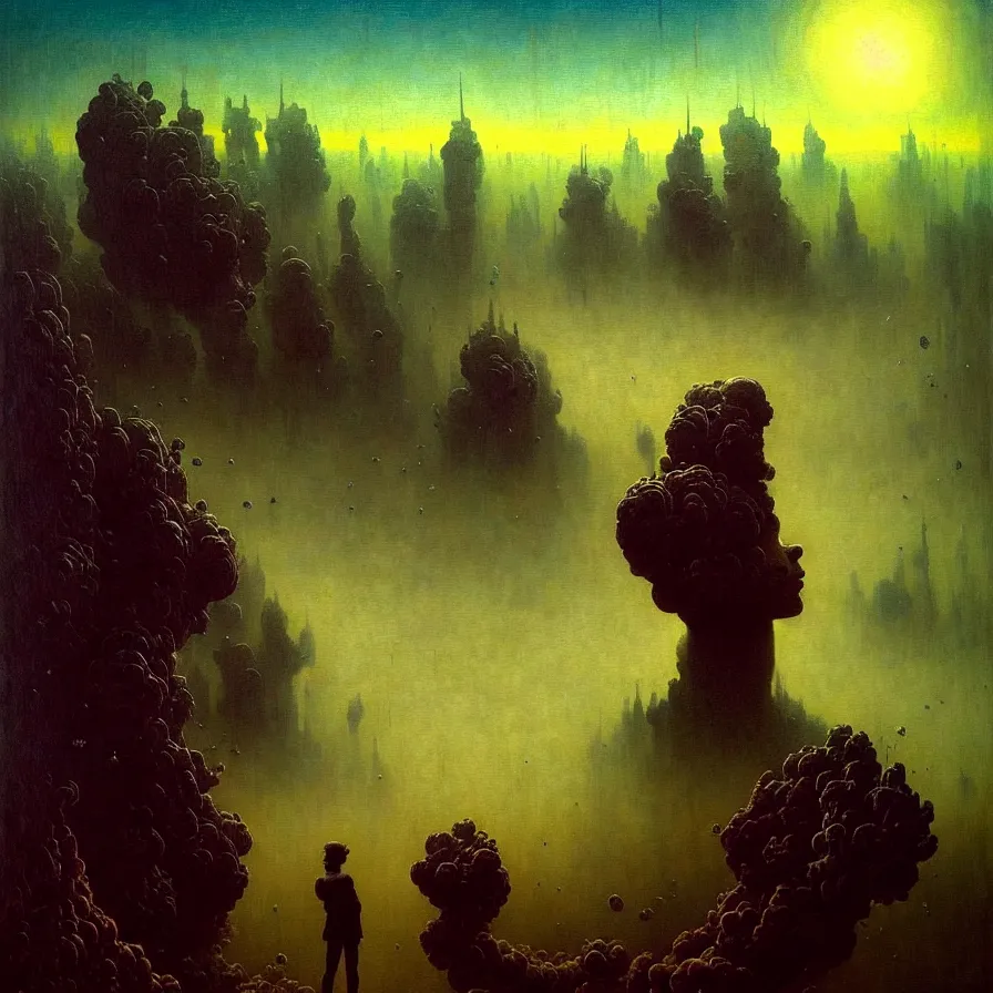 Prompt: a hyperrealistic painting of a piece of art. highly detailed, vivid color cinematic sci fi clouds and stars. smoke. futurism. fantasy. by beksinski carl spitzweg. baroque elements. baroque element. intricate artwork by caravaggio. oil painting. oil on canvas. award winning. dramatic. trending on artstation. 8 k by chris cunningham and richard corben