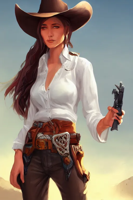 Image similar to full body, female cowgirl, perfect face, white blouse, long rifle, 8 k, magic the gathering, desert, d & d, artstation