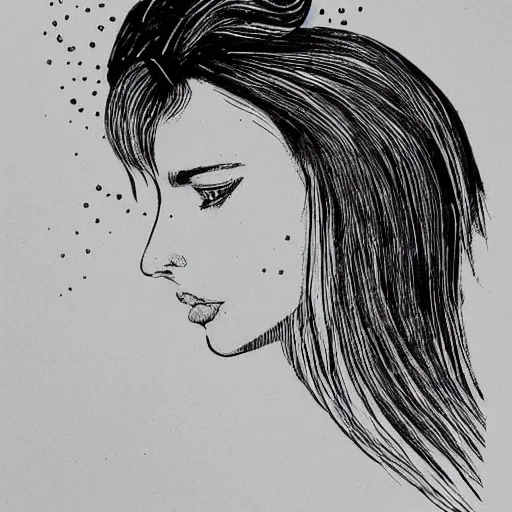 Prompt: A black ink portrait of a lonely beautiful woman with pouted lips and the the constellation in her black flowing hair