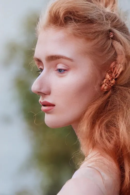 Image similar to vintage photograph of an olive skinned strawberry blonde female model in her twenties, her hair pinned up, wearing a designer top, looking content, focused on her neck, photo realistic, extreme detail skin, natural beauty, no filter, slr, golden hour, 4 k, high definition, selfie