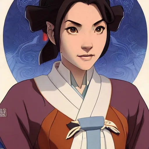 Image similar to Portrait of Avatar Korra wearing a traditional Japanese kimono, Legend of Korra, Avatar the Last Airbender, intricate, elegant, highly detailed, digital painting, artstation, concept art, smooth, sharp focus, illustration, art by artgerm and greg rutkowski and alphonse mucha and andrei riabovitchev