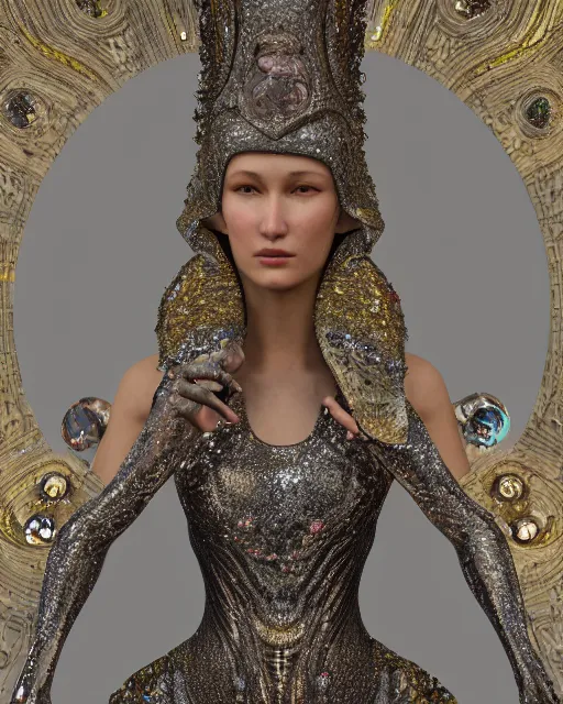 Prompt: a highly detailed metahuman 4 k close up render of a bella hadid as techno monument renaissance in iris van herpen dress schiaparelli in diamonds crystals swarovski and jewelry iridescent in style of alphonse mucha gustav klimt trending on artstation made in unreal engine 4