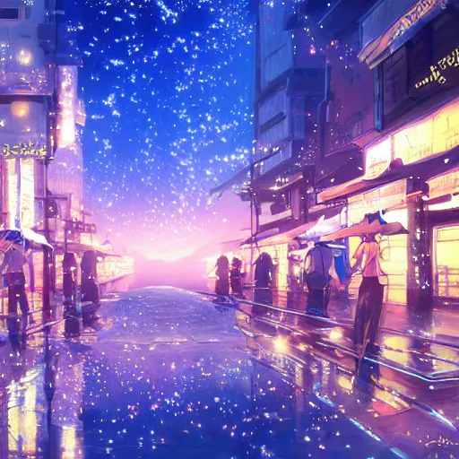 Image similar to Dreamy world at night, shooting stars, cityscape, pixiv scenery art, light refraction by makoto shinkai