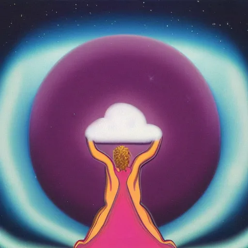 Image similar to 8 0 s new age album cover depicting a fluffy pink cloud in the shape of a hamburger, very peaceful mood