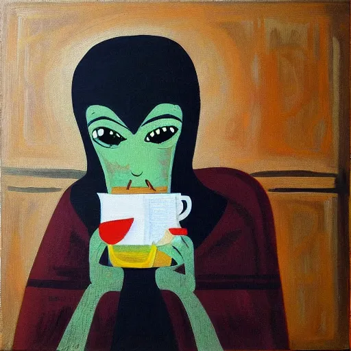 Prompt: “A squid-human hybrid having tea in a decrepit cottage. Acrylic on canvas”