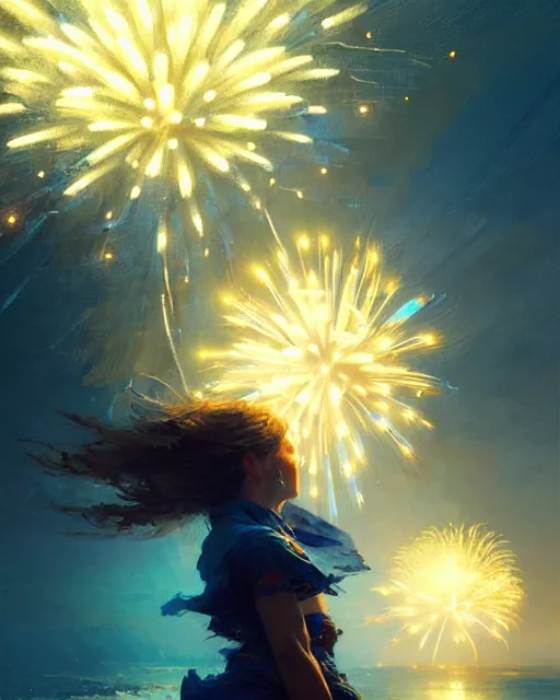 Prompt: beach blue fireworks, intricate, lens flare, bloom, sharp focus, illustration, highly detailed, digital painting, concept art, matte, art by ruan jia and wlop and greg rutkowski, masterpiece