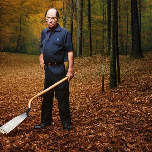 Image similar to closeup portrait of a cleaner with a huge rake in a fall forest, by Steve McCurry and David Lazar, natural light, detailed face, CANON Eos C300, ƒ1.8, 35mm, 8K, medium-format print