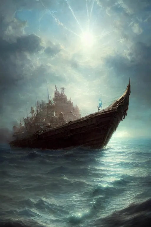 Image similar to breathtaking detailed soft painting of a drunken ship with mystical horrors, bathing in dreaming lactescent sea, alcohol with blue delirium skies, elegant, highly detailed, artstation, concept art, matte, sharp focus, art by tom bagshaw, and greg rutkowski