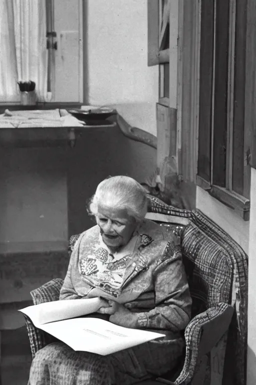 Image similar to an old lady sitting in a comfortable chair reading a letter, 1 9 5 0 s