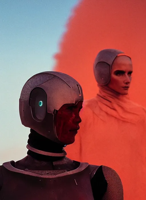 Image similar to cinestill 5 0 d photographic portrait by steve mccurry of two loving female androids wearing rugged black mesh techwear on a desolate plain with a red sky, extreme closeup, dust storm, 8 k, hd, high resolution, 3 5 mm, f / 3 2, ultra realistic faces, cyberpunk 2 0 7 7, ex machina