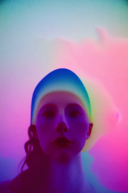 Image similar to high quality pastel coloured film close up wide angle photograph of a model wearing clothing swimming on cloud furniture in a icelandic black rock!! environment in a partially haze filled dreamstate world. three point light, rainbow. photographic production. art directed. pastel colours. volumetric clouds. pastel gradient overlay. waves glitch artefacts. extreme facial clarity. 8 k. filmic.