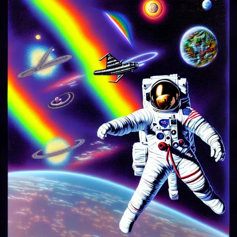 Image similar to astronaut at the rainbow bridge. paul gulacy. philip caza. artgerm.