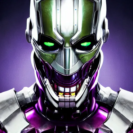 Prompt: face of an armored villain, Ultron, evil, dark, mask, joker smile, iridescent eyes, purple and green highlights, metal, knight, teeth, joker, terminator