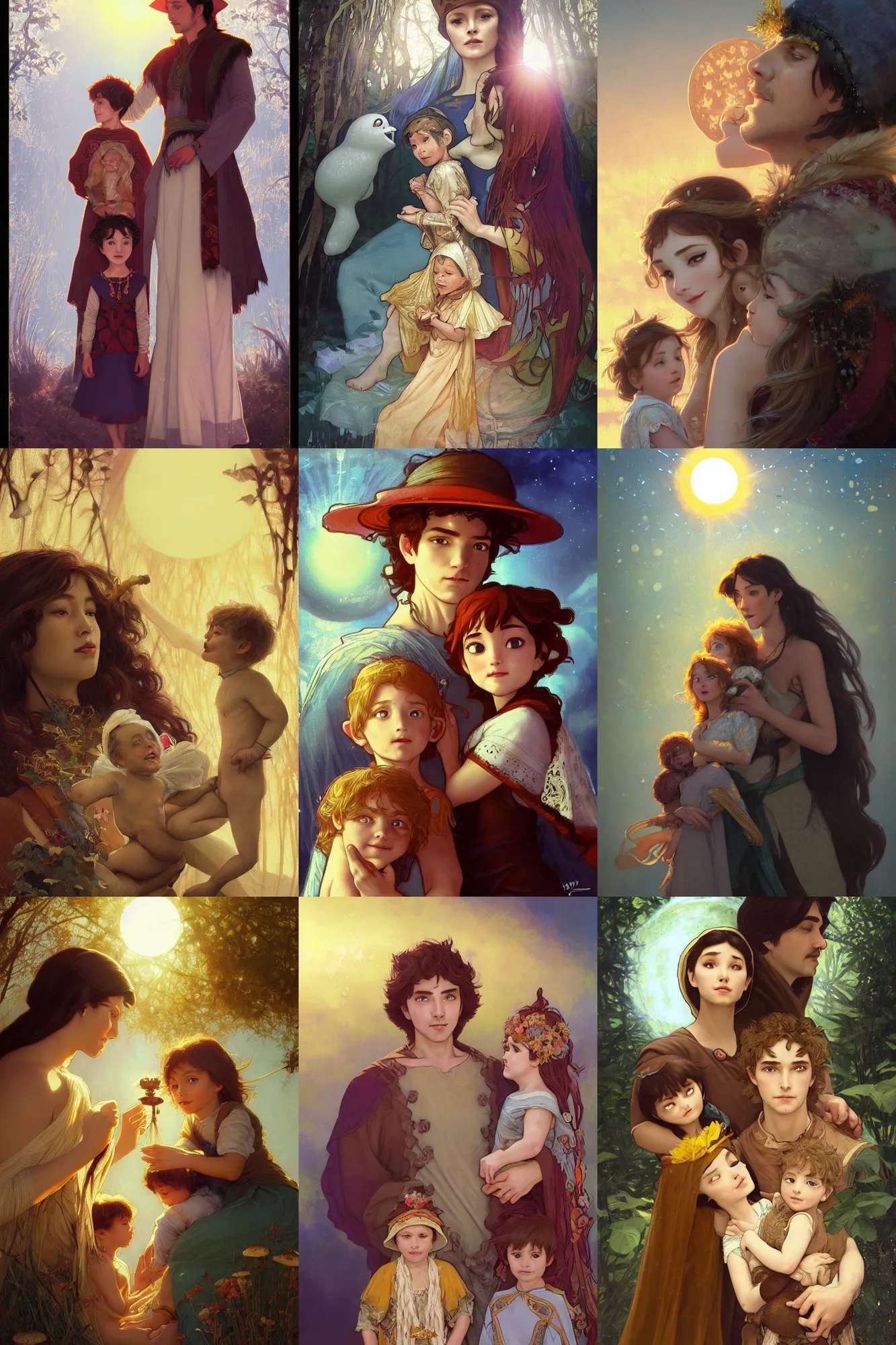 Prompt: a cinematic portrait of a beautiful family photograph close up moment of a young sun god and moon goddess magician family with child, portrait, wearing sunhat mushroom core, Frozen Klaus film, digital painting, artstation, concept art, illustration, Frozen II art masterpiece by art by Krenz Cushart, Artem Demura, alphonse mucha, yoji shinkawa, ArtGerm, Jon Lothian, Danilo Torres, Adi Meyers, Thomas Reimann, Gaston Bussiere