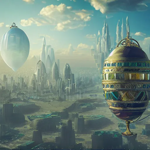 Image similar to enormous flying city in a faberge egg, sky, steampunk, fantasy art, masterpiece, hugh ferriss, octane render