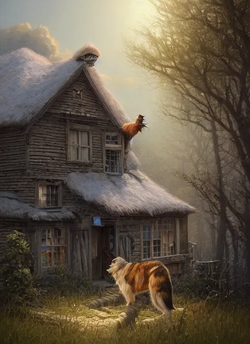 Prompt: highly detailed hyperrealistic painting of a blonde long - haired hillbilly in front of old rough house, with his fluffy black and gray australian shepherd, bonfire, stephen bliss, art by greg rutkowski, loish, rhads, ferdinand knab, makoto shinkai and lois van baarle, tom bagshaw, global illumination, artstation